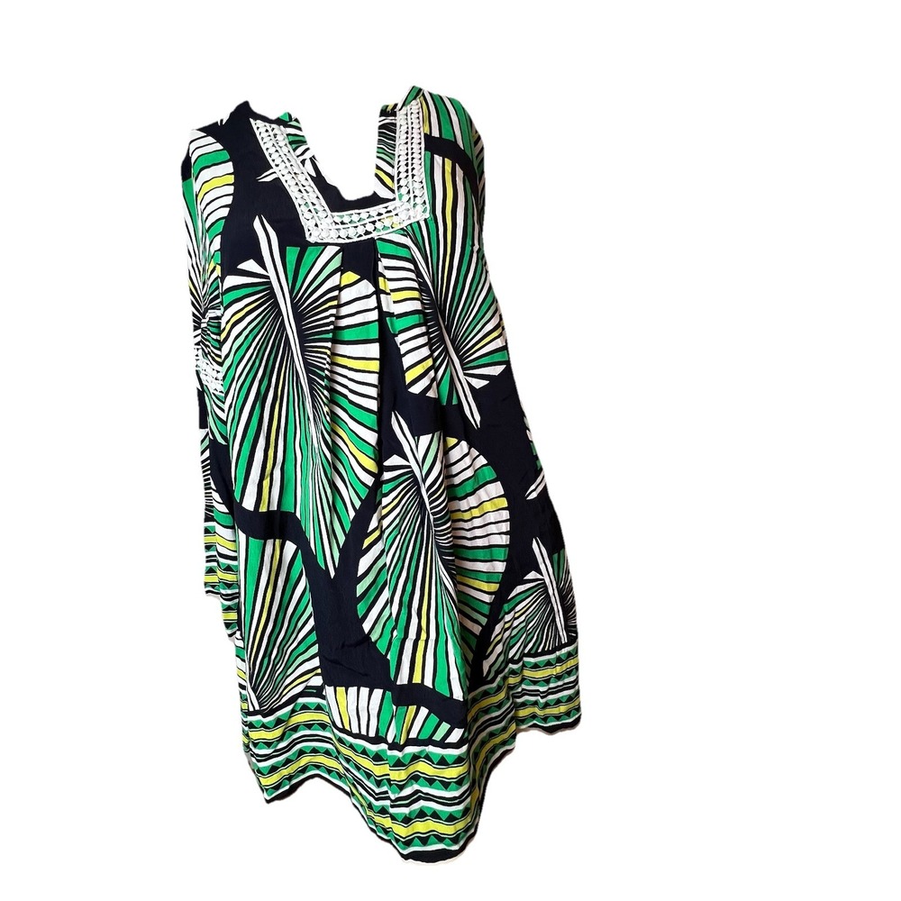 Crown & Ivy Women's M Large Boho Green Print V-Neck Tunic Dress Long Sleeve